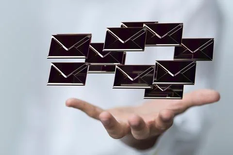 3D render of an email symbol and Network Communications with male hands on a blu 写真素材