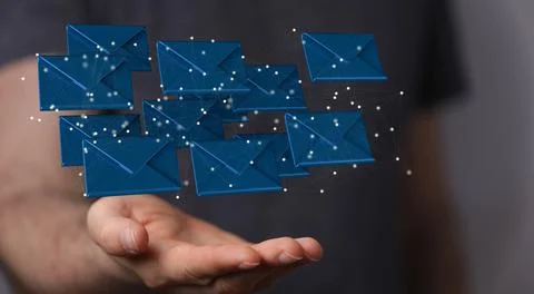 3D render of an email symbol and Network Communications with male hands on a blu 写真素材