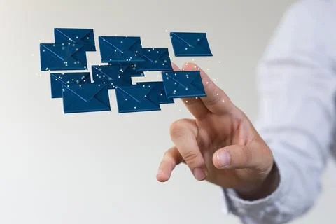 3D render of an email symbol and Network Communications with male hands on a blu 写真素材