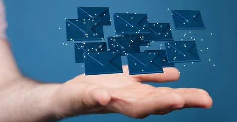 3D render of an email symbol and Network Communications with male hands on a blu 스톡 사진