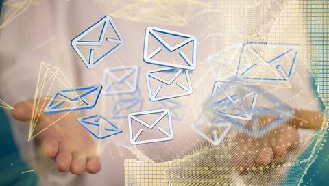 3D render of an email symbol and Network Communications with a blurry background 写真素材