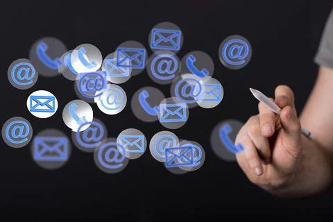 3D render of an email symbol and Network Communications on a blurry background Foto stock