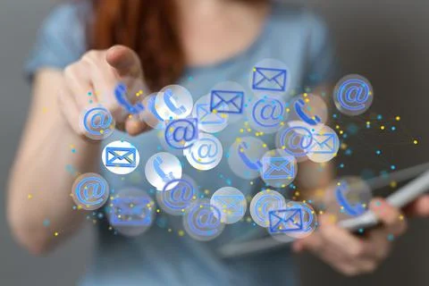 3D render of an email symbol and Network Communications on a blurry background Foto stock