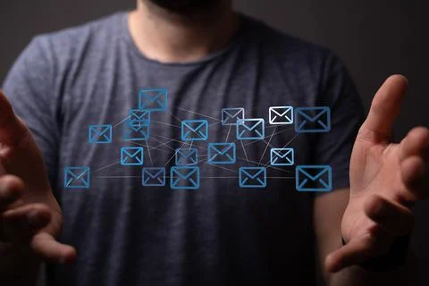 3D render of an email symbol and Network Communications on a blurry background Stock Photos