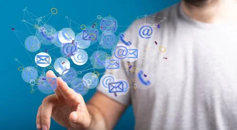 3D render of an email symbol and Network Communications on a blurry background Stock Photos