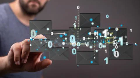 3D render of an email symbol and Network Communications on a blurry background Stock Photos