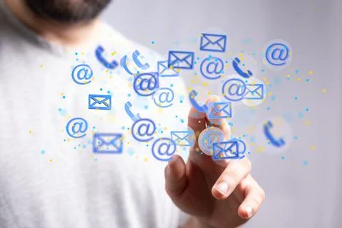 3D render of an email symbol and Network Communications on a blurry background Stock Photos