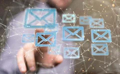 3D render of an email symbol and Network Communications with male hands on a Stock Photos