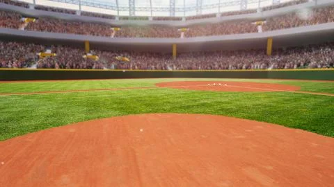 3D render of empty baseball arena, open air stadium on daytime. Blurred imaged Stockillustratie