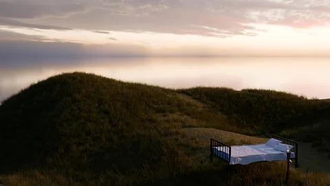 3d render of empty bed amd alarm clock in peaceful field at sunset Stock Illustration