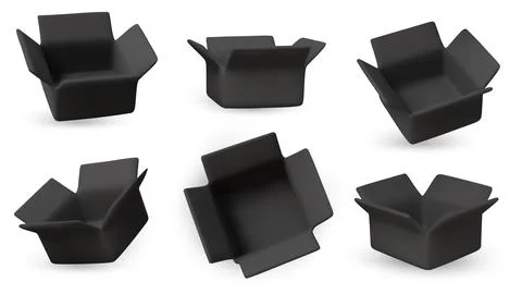 3D render of empty bright yellow open boxes in multiple perspectives. Perfect Stock Illustration