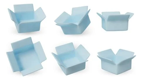 3D render of empty bright yellow open boxes in multiple perspectives. Perfect Stock Illustration