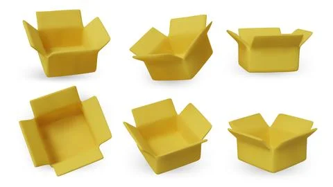 3D render of empty bright yellow open boxes in multiple perspectives. Perfect Stock Illustration