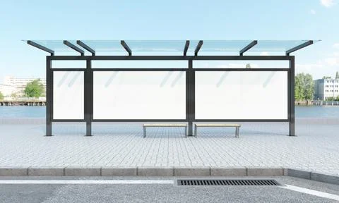 A 3d render of an empty bus station on the pavement with buildings in the bac Stock Illustration