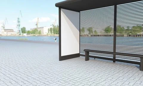 3d render of an empty bus station on the pavement and buildings in the backgr Illustrazione stock