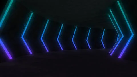 3D Render of Empty concrete room with neon lights Stock Illustration