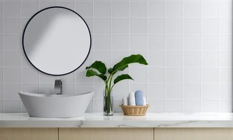 3D render an empty counter with ceramic washbasin and modern style faucet in a Stock Illustration