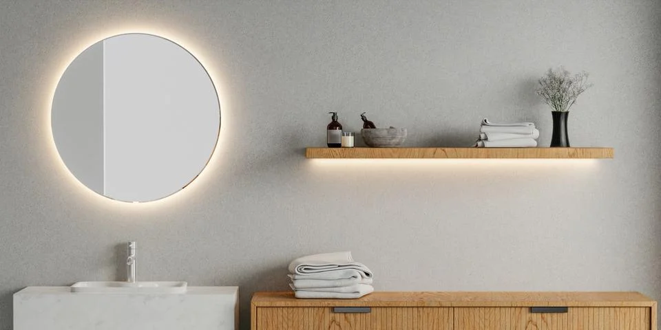 3D render an empty counter with ceramic washbasin and modern style faucet in a Stock Illustration