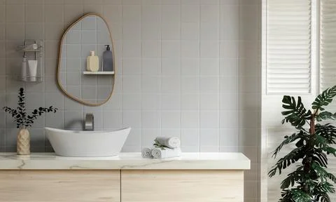 3D render an empty counter with ceramic washbasin and modern style white Stock Illustration