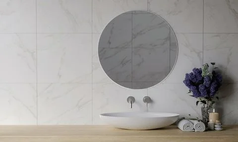 3D render an empty counter with top wood with washbasin and modern style white Stock Illustration