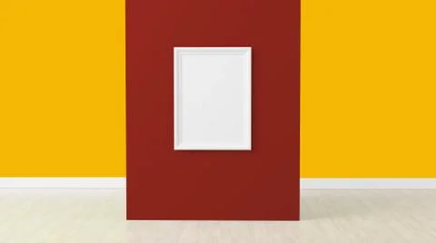 3d render, empty frame at center of red wall Illustrazione stock