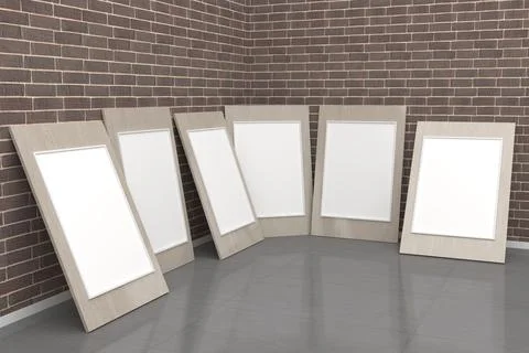 3d render of empty frames leaning on a brick wall Stock Illustration
