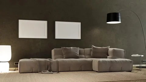3d Render of empty gray sofa with dark plaster wall and wood floor Stock Footage 293550007
