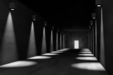 3D render of empty hall, dramatic lights, door Stock Photos