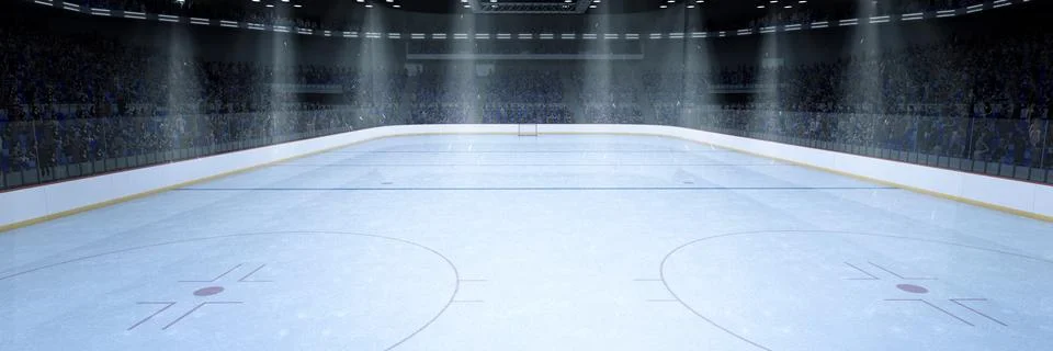 3d render of empty ice hockey rink with illuminated surroundings and spectator Stock Illustration