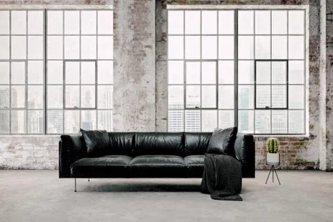 3d render of empty industrial vintage interior with black leather couch Stock Illustration