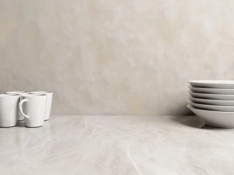 3D Render Empty Marble Countertop with Dinnerware, Minimalist Kitchen Stock Illustration
