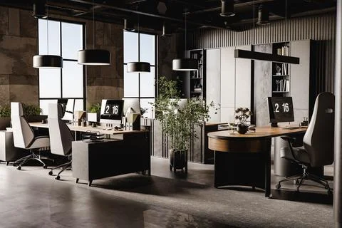 3D render of empty modern office with computers and furniture Illustrazione stock