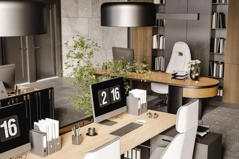 3D render of empty modern office with computers and furniture 스톡 일러스트