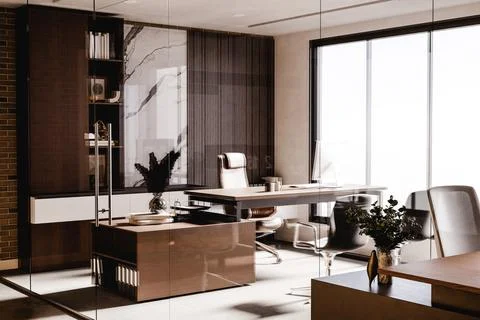 3D render of empty modern office with computers and furniture イラスト素材