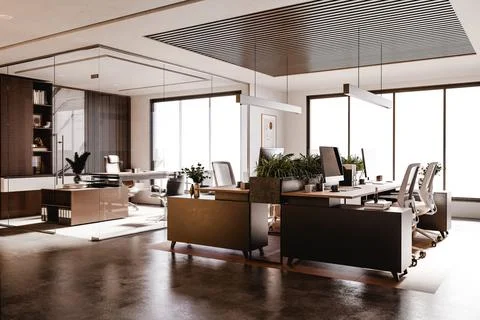 3D render of empty modern office with computers and furniture 스톡 일러스트