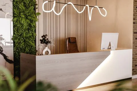 3D render of empty modern office with computers and furniture Illustrazione stock