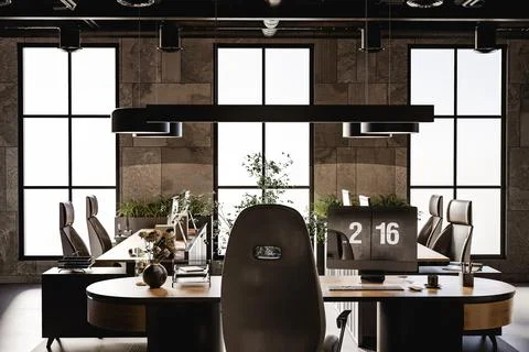 3D render of empty modern office with computers and furniture Stock Photos