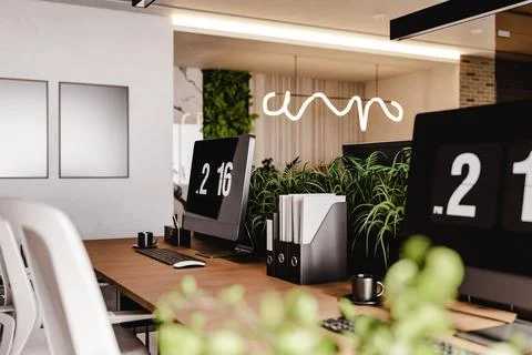 3D render of empty modern office with computers and furniture Stock Photos