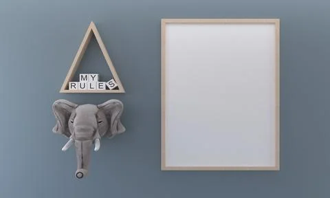 3d render of an empty photo frame and decoratives on a grey background Stock Illustration