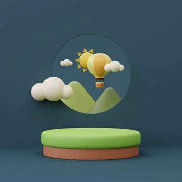 3d render of empty product podium with hot air balloon in the sky on blue bac Stock Illustration
