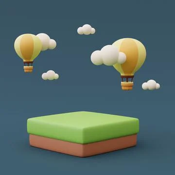 3d render of empty product podium with hot air balloon in the sky on blue bac Stock Illustration