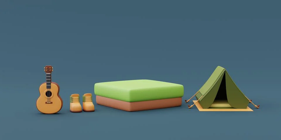 3d render of empty product podium with tent,hiking shoes,guitar on blue backg Stock Illustration