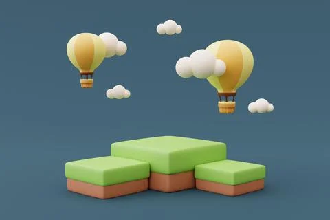 3d render of empty product podium with hot air balloon in the sky on blue bac Stock Illustration