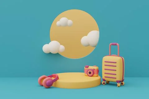 3d render of  empty round podium stage surrounded by traveler accessories for Stock Illustration