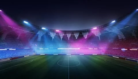 3D render of empty soccer stadium, illuminated at night with bright lights. Full Illustrazione stock