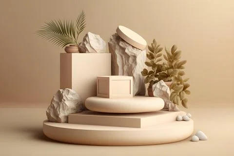 3d render empty space cream podium with monstera leaf house plant. Podium f.. Stock Illustration