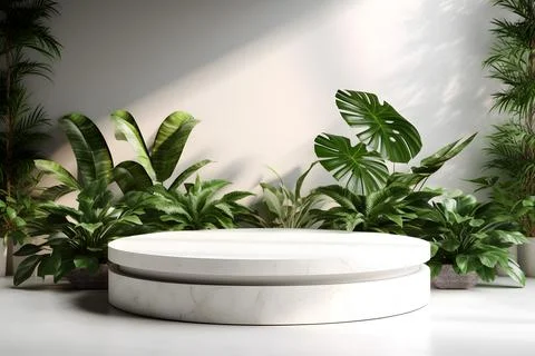 3d render empty space white terrazzo textured podium with monstera leaf hou.. Stock Illustration