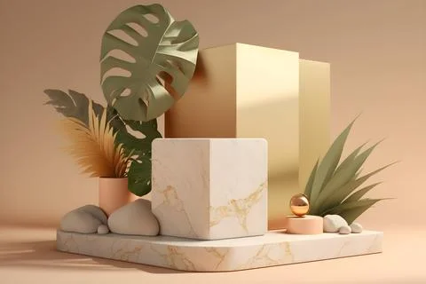 3d render empty space white marble textured podium with monstera leaf house.. Stock Illustration