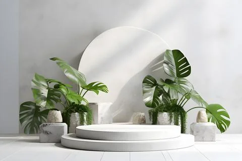 3d render empty space white terrazzo textured podium with monstera leaf hou.. Stock Illustration