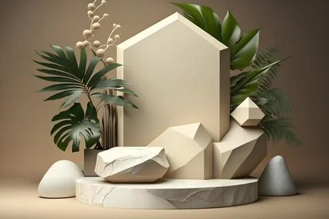 3d render empty space white marble textured podium with monstera leaf house.. Stock Illustration